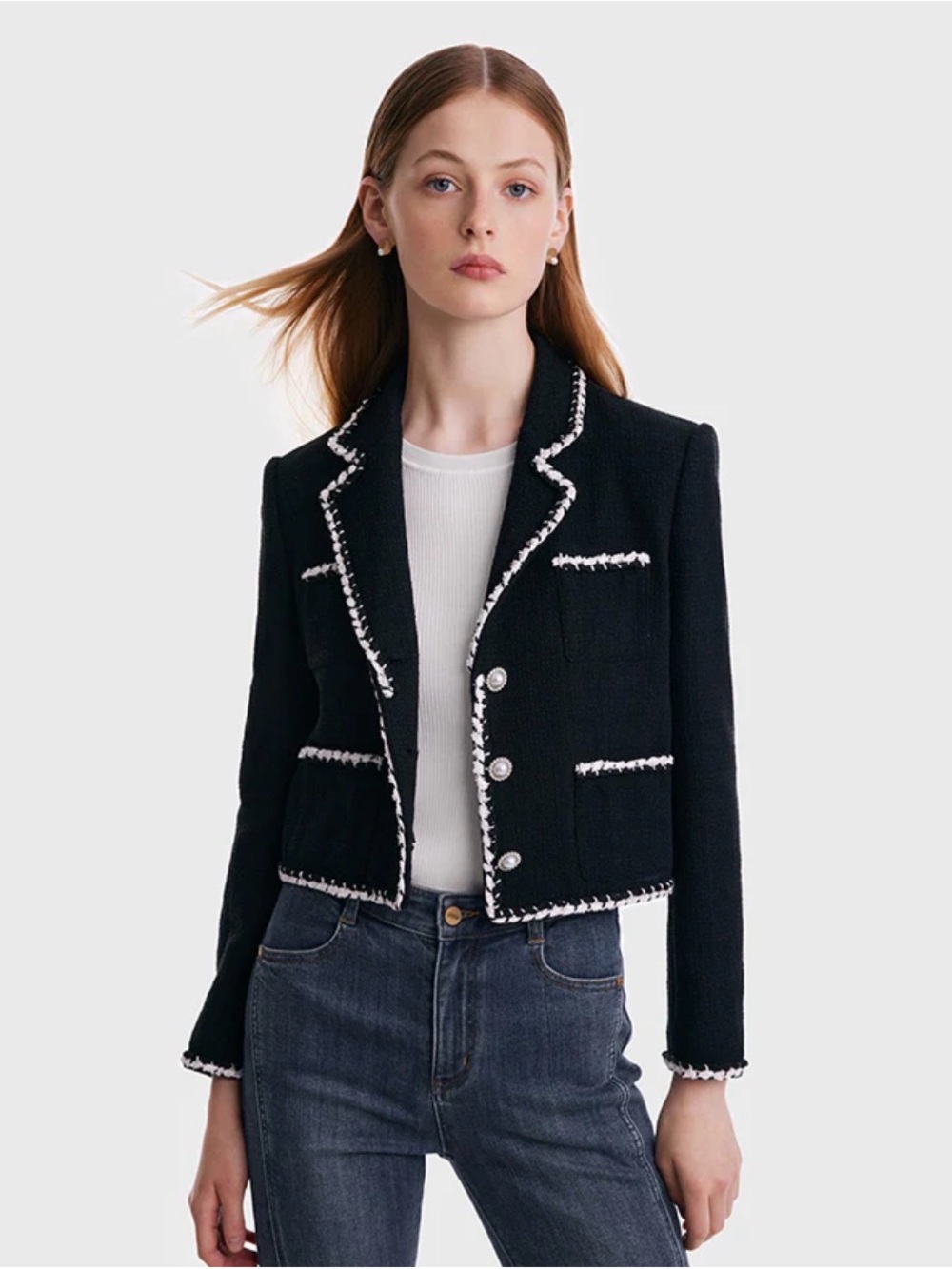 Chanel style Goelia Tweed Contrast Trim Crop Jacket Black White Pearl Button Sm